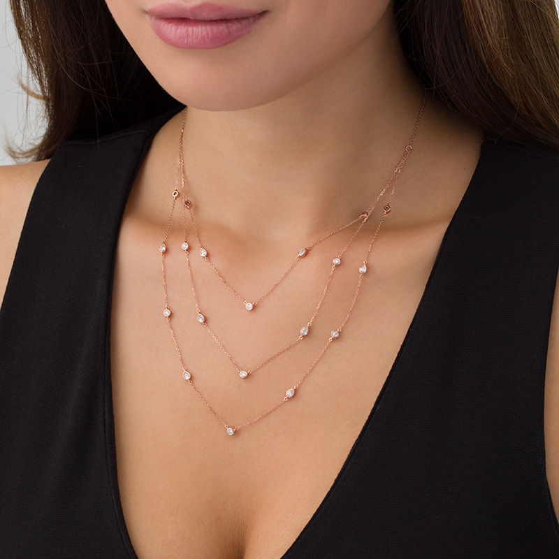 Main Image 2 of 0.60 CT. T.W. Diamond Layered Station Necklace in 10K Rose Gold - 24"