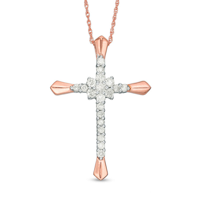 0.37 CT. T.W. Diamond Flower Cluster Cross Pendant in 10K Rose Gold|Peoples Jewellers