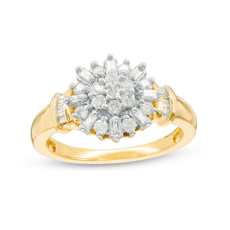 0.29 CT. T.W. Baguette and Round Diamond Sunburst Collar Ring in 10K Gold