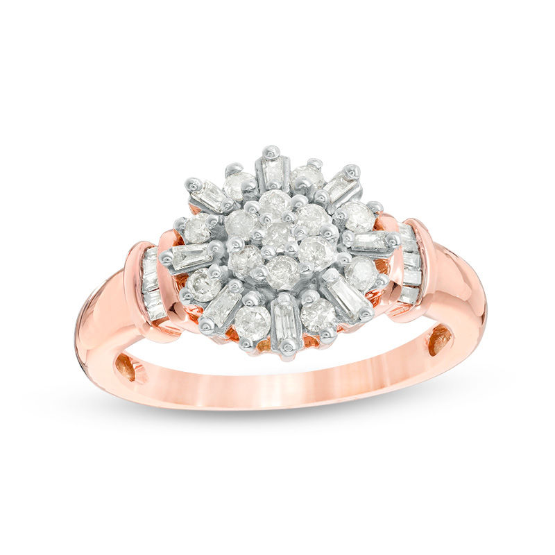 0.29 CT. T.W. Baguette and Round Diamond Sunburst Collar Ring in 10K Gold