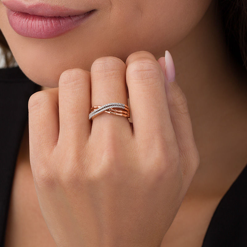 Main Image 3 of 0.15 CT. T.W. Diamond and Bamboo Double Row Crossover Ring in 10K Rose Gold