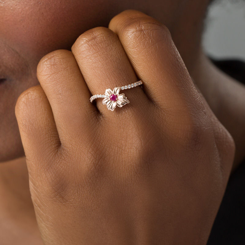 Peoples 100-Year Anniversary Ruby and 0.145 CT. T.W. Diamond Maple Leaf Ring in 14K Rose Gold