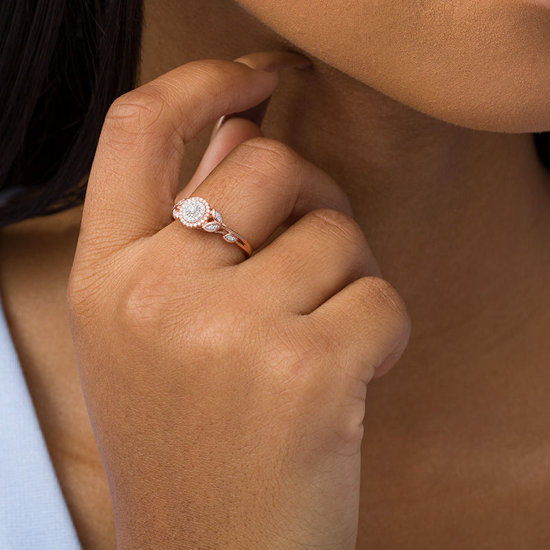 Main Image 2 of 0.15 CT. T.W. Diamond Flower Double Frame Shank Ring in 10K Rose Gold