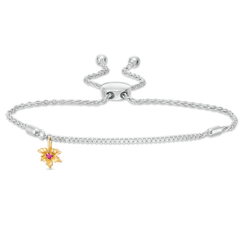 Peoples 100-Year Anniversary Ruby and 0.18 CT. T.W. Diamond Maple Leaf Bracelet in Sterling Silver and 14K Gold - 9.5"|Peoples Jewellers