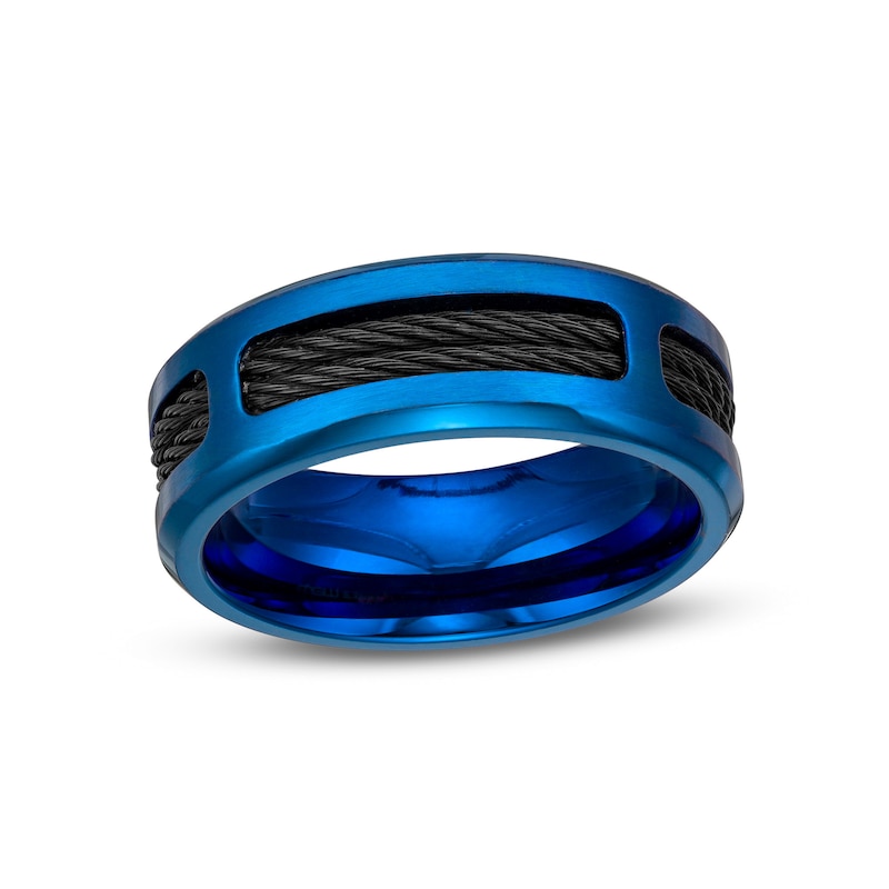 Men's 8.0mm Bevelled Edge Double Cable Wedding Band in Stainless Steel with Black and Blue Ion-Plate – Size 10|Peoples Jewellers