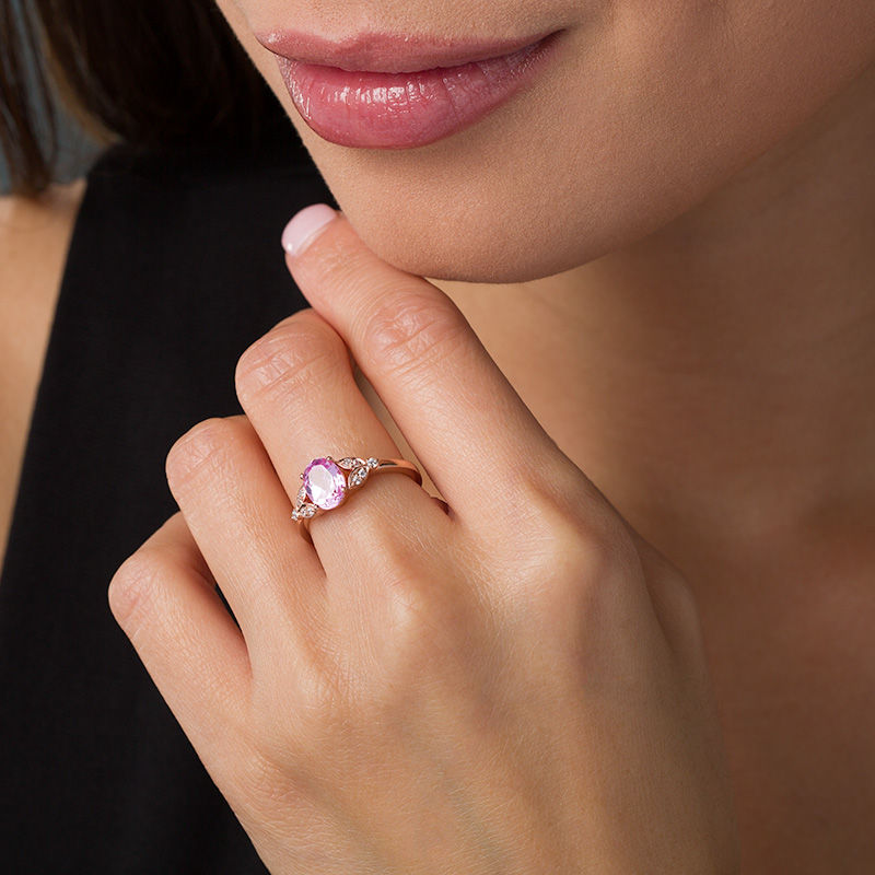 Main Image 2 of Oval Lab-Created Pink Sapphire and 0.086 CT. T.W. Diamond Leaf Sides Ring in 10K Rose Gold