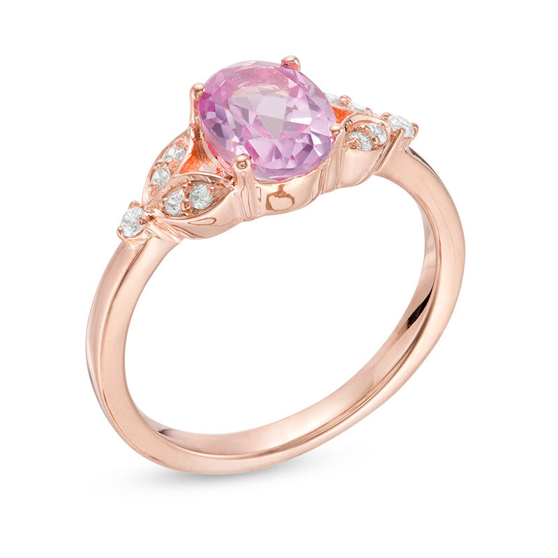 Main Image 3 of Oval Lab-Created Pink Sapphire and 0.086 CT. T.W. Diamond Leaf Sides Ring in 10K Rose Gold