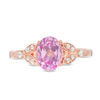 Thumbnail Image 4 of Oval Lab-Created Pink Sapphire and 0.086 CT. T.W. Diamond Leaf Sides Ring in 10K Rose Gold