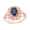 Thumbnail Image 0 of Oval Lab-Created Blue and White Sapphire Frame Ring in Sterling Silver with 14K Rose Gold Plate