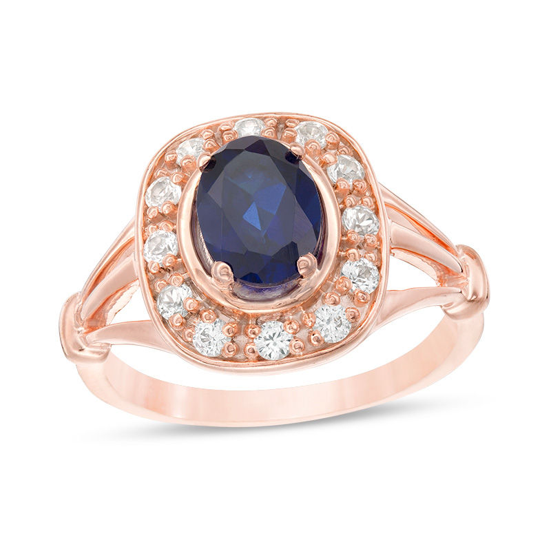 Oval Lab-Created Blue and White Sapphire Frame Ring in Sterling Silver with 14K Rose Gold Plate