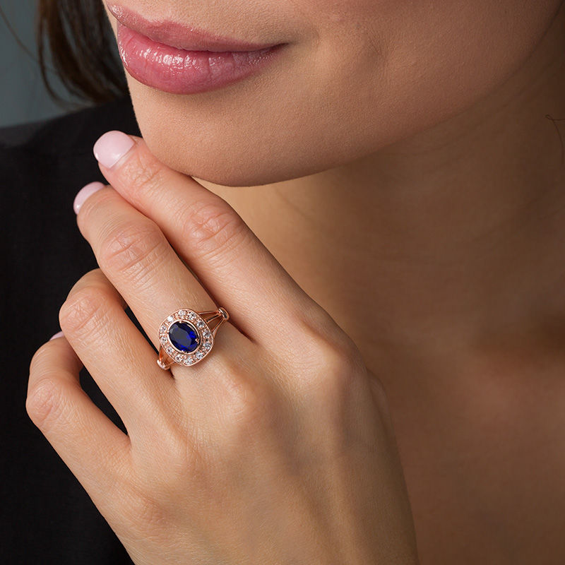 Oval Lab-Created Blue and White Sapphire Frame Ring in Sterling Silver with 14K Rose Gold Plate