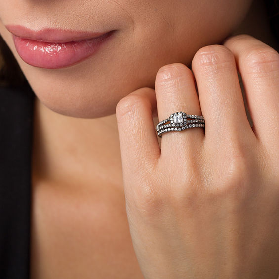 0.36 CT. T.W. Princess-Cut Diamond Frame Bridal Set in 10K White Gold with Black Rhodium
