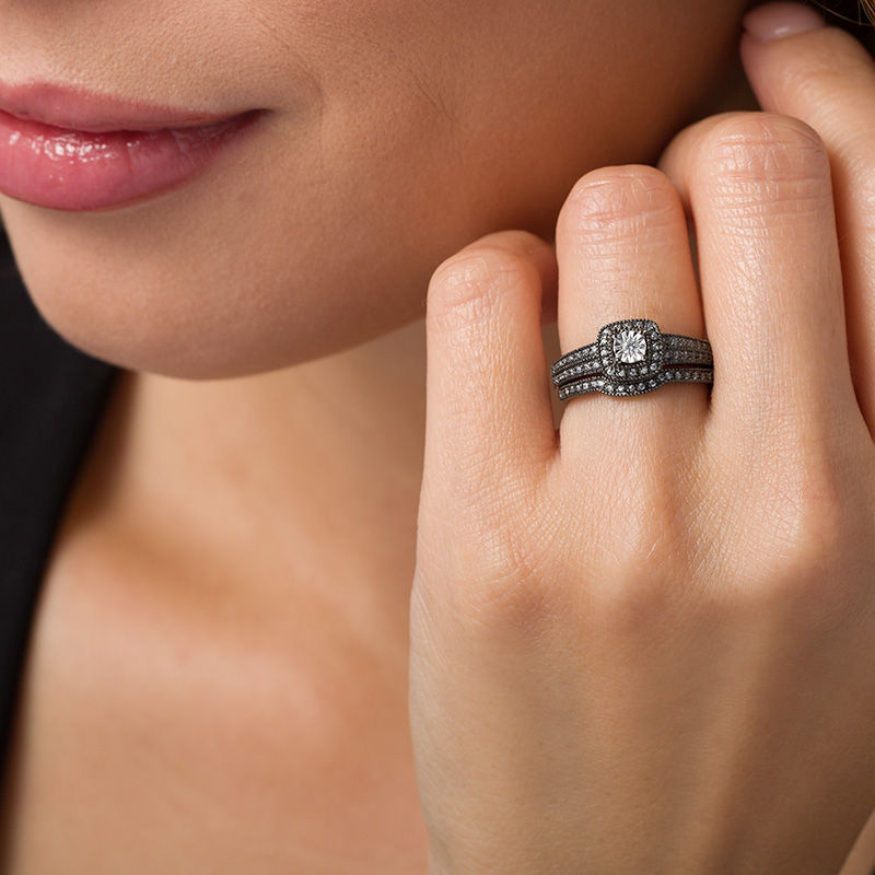 Main Image 2 of 0.22 CT. T.W. Diamond Cushion Frame Vintage-Style Bridal Set in 10K White Gold with Black Rhodium