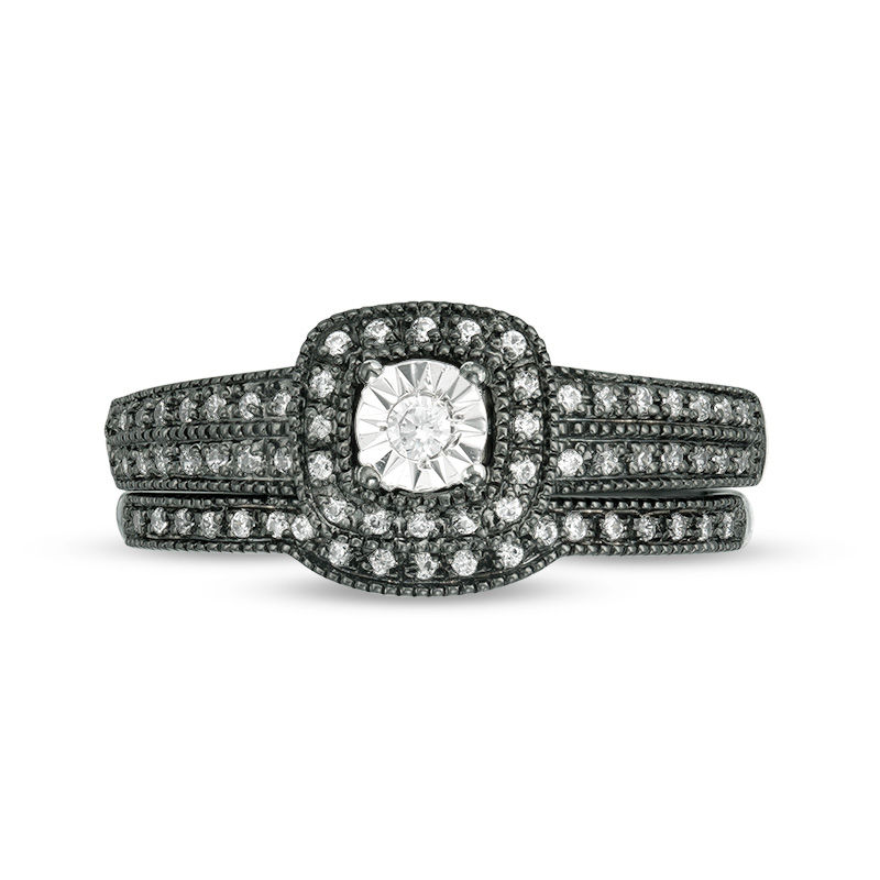 0.22 CT. T.W. Diamond Cushion Frame Vintage-Style Bridal Set in 10K White Gold with Black Rhodium