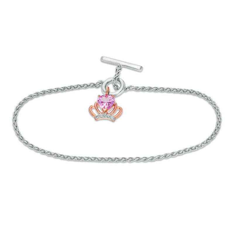 Heart-Shaped Lab-Created Pink and White Sapphire Crown Toggle Bracelet in Sterling Silver and 10K Rose Gold - 7.25"|Peoples Jewellers