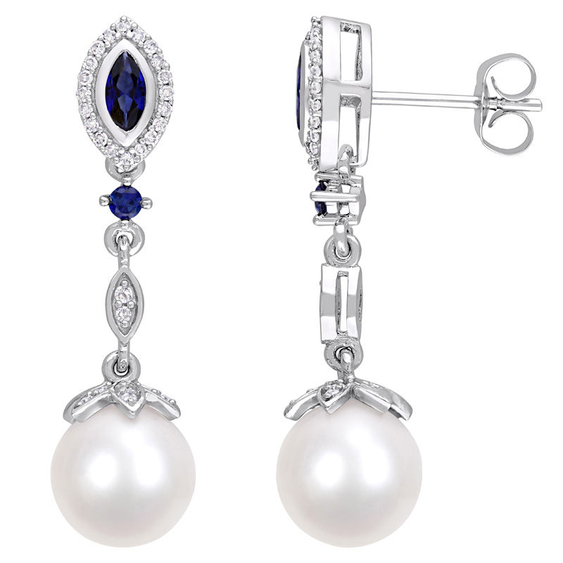 Cultured Freshwater Pearl, Lab-Created Blue Sapphire and 0.18 CT. T.W. Diamond Drop Earrings in 10K White Gold