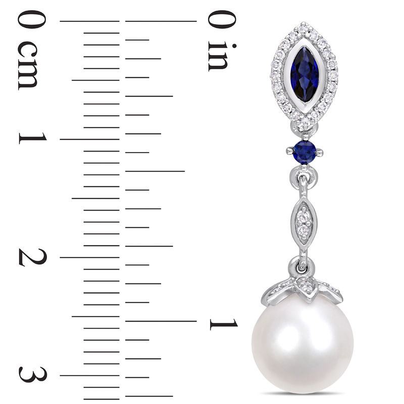 Cultured Freshwater Pearl, Lab-Created Blue Sapphire and 0.18 CT. T.W. Diamond Drop Earrings in 10K White Gold