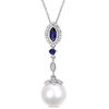 Thumbnail Image 1 of Freshwater Cultured Pearl, Lab-Created Blue Sapphire and 0.14 CT. T.W. Diamond Drop Pendant in 10K White Gold-17"