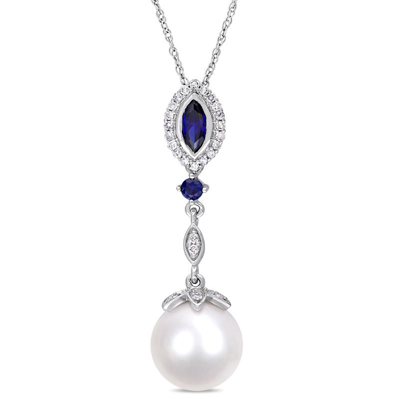 Cultured Freshwater Pearl, Lab-Created Blue Sapphire and 0.14 CT. T.W. Diamond Drop Pendant in 10K White Gold - 17"