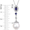 Thumbnail Image 2 of Cultured Freshwater Pearl, Lab-Created Blue Sapphire and 0.14 CT. T.W. Diamond Drop Pendant in 10K White Gold - 17"