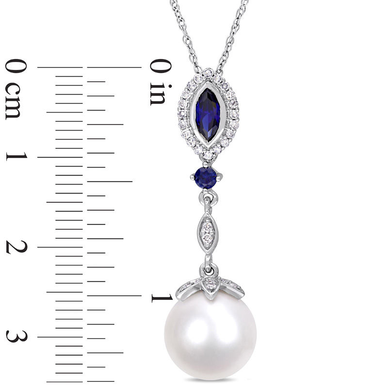 Cultured Freshwater Pearl, Lab-Created Blue Sapphire and 0.14 CT. T.W. Diamond Drop Pendant in 10K White Gold - 17"