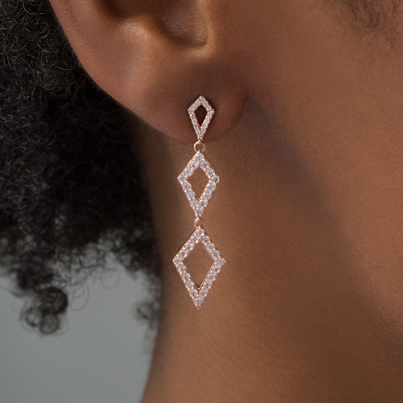 Lab-Created White Sapphire and 0.086 CT. T.W. Diamond Triple Kite-Shaped Drop Earrings in 10K Rose Gold