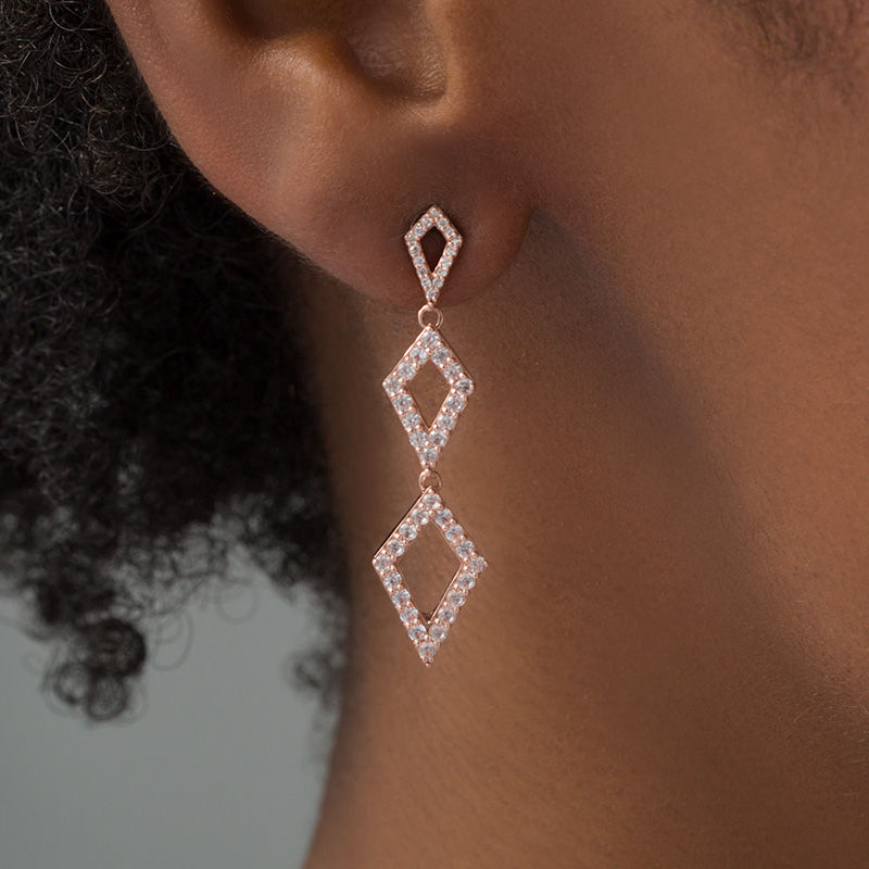 Main Image 2 of Lab-Created White Sapphire and 0.086 CT. T.W. Diamond Triple Kite-Shaped Drop Earrings in 10K Rose Gold