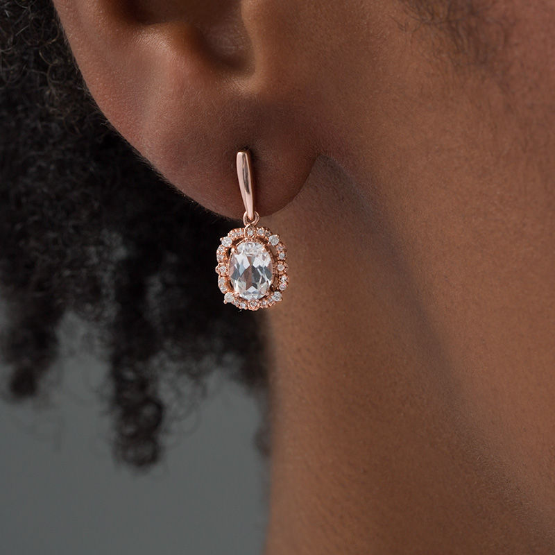 Main Image 2 of Oval Lab-Created White Sapphire and 0.18 CT. T.W. Diamond Frame Vintage-Style Drop Earrings in 10K Rose Gold