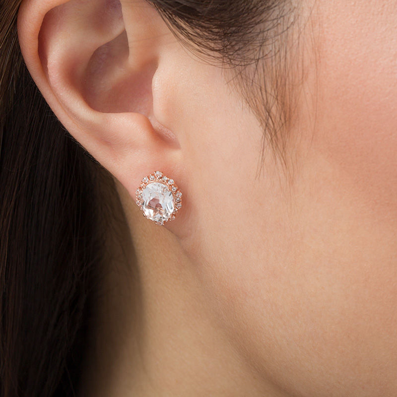 Main Image 2 of Oval Lab-Created White Sapphire Sunburst Frame Stud Earrings in Sterling Silver with 18K Rose Gold Plate