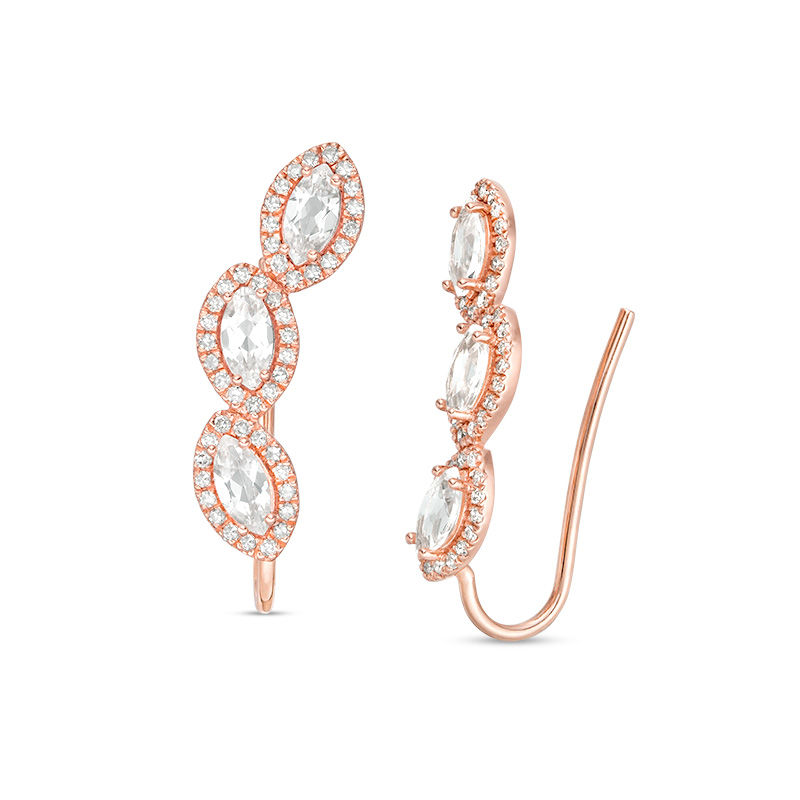 Marquise Lab-Created White Sapphire and 0.28 CT. T.W. Diamond Three Stone Frame Crawler Earrings in 10K Rose Gold