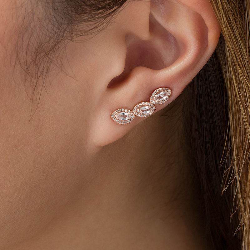 Main Image 2 of Marquise Lab-Created White Sapphire and 0.28 CT. T.W. Diamond Three Stone Frame Crawler Earrings in 10K Rose Gold