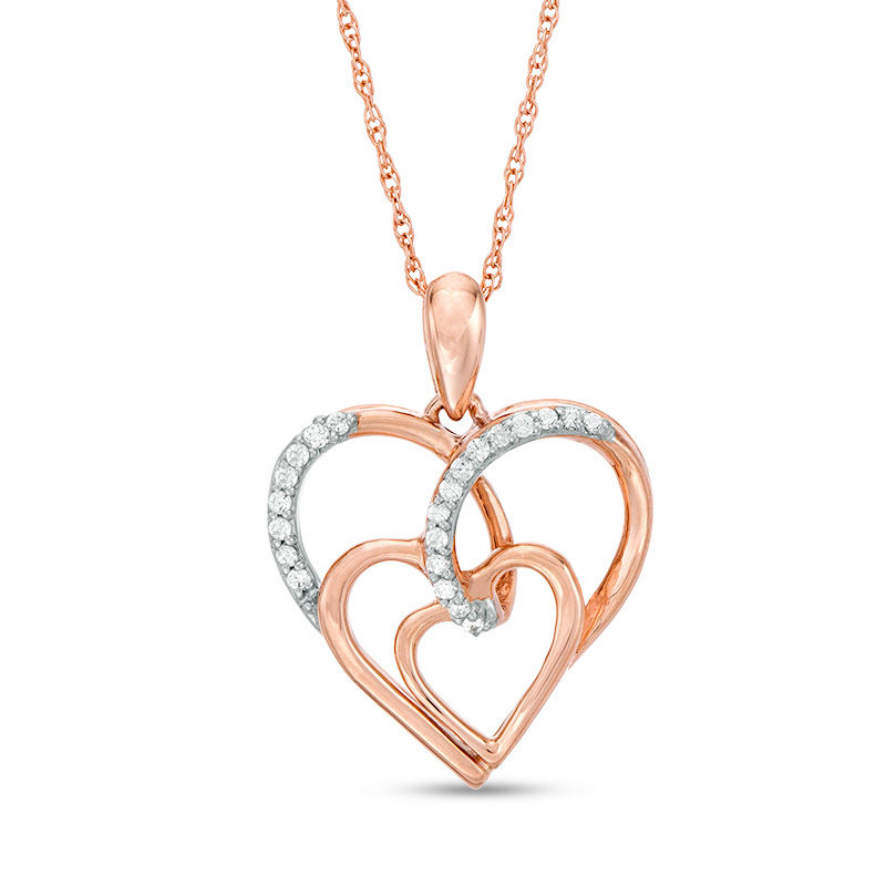 Main Image 1 of 0.07 CT. T.W. Diamond Triple Swirl Heart Pendant in 10K Rose Gold