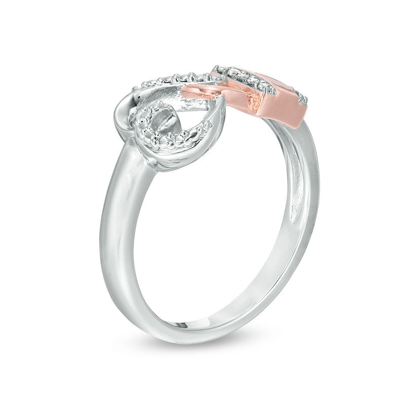 Main Image 2 of 0.04 CT. T.W. Diamond Heart and Lock Ring in Sterling Silver and 10K Rose Gold