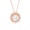 Thumbnail Image 0 of 8.0mm Lab-Created White Sapphire and 0.145 CT. T.W. Diamond Sunburst Frame Vintage-Style Pendant in 10K Rose Gold