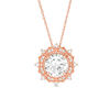 Thumbnail Image 1 of 8.0mm Lab-Created White Sapphire and 0.145 CT. T.W. Diamond Sunburst Frame Vintage-Style Pendant in 10K Rose Gold