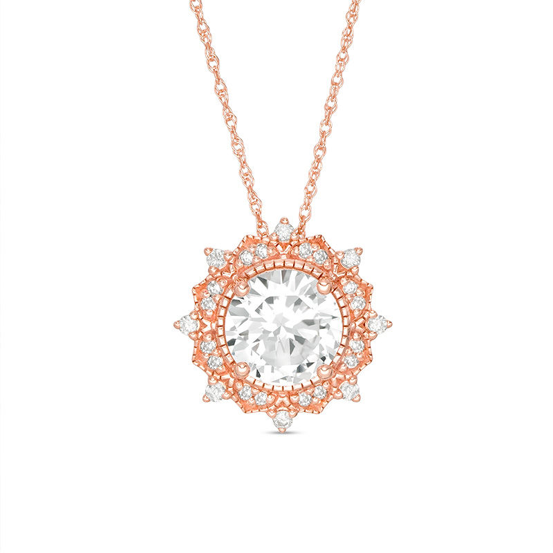 8.0mm Lab-Created White Sapphire and 0.145 CT. T.W. Diamond Sunburst Frame Vintage-Style Pendant in 10K Rose Gold