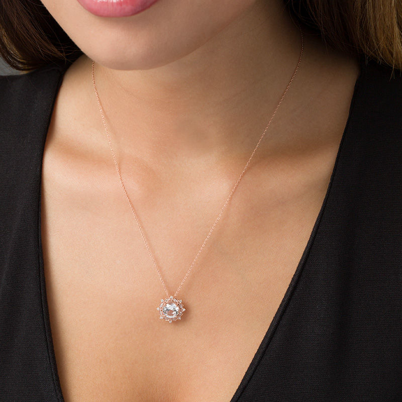 Main Image 2 of 8.0mm Lab-Created White Sapphire and 0.145 CT. T.W. Diamond Sunburst Frame Vintage-Style Pendant in 10K Rose Gold