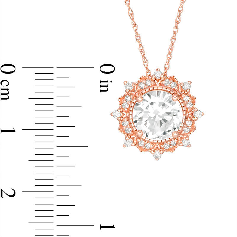 Main Image 3 of 8.0mm Lab-Created White Sapphire and 0.145 CT. T.W. Diamond Sunburst Frame Vintage-Style Pendant in 10K Rose Gold