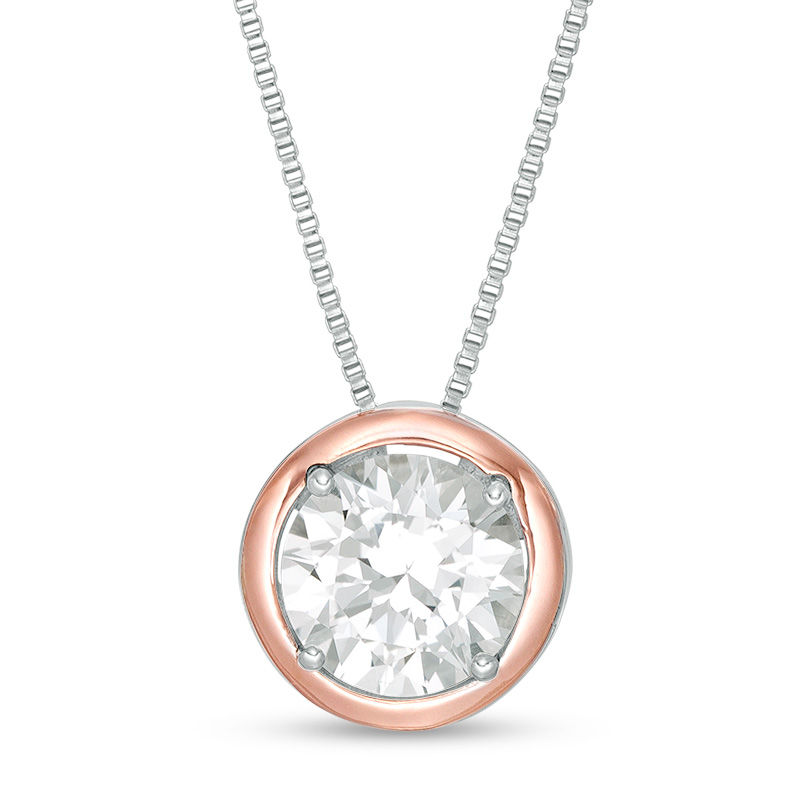 8.0mm Lab-Created White Sapphire Solitaire Pendant in Sterling Silver and 10K Rose Gold