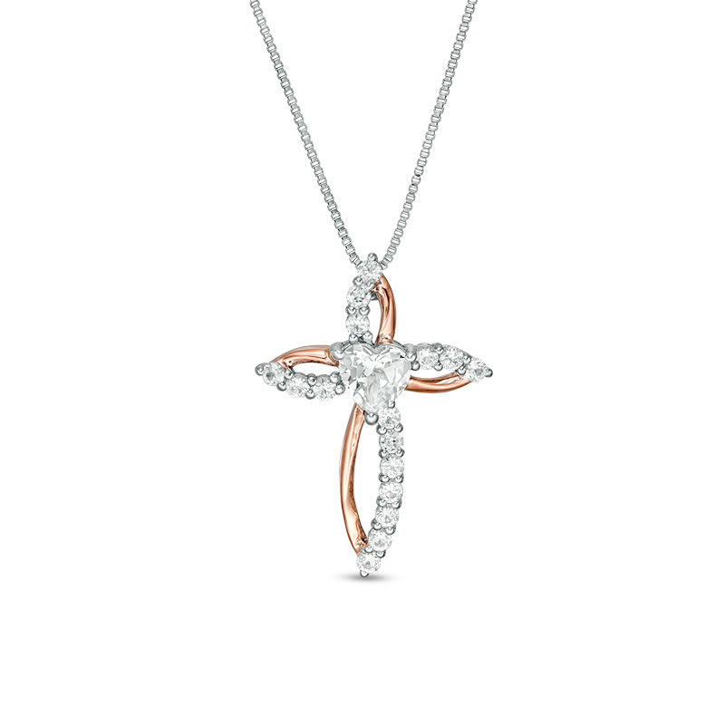 Heart-Shaped Lab-Created White Sapphire Marquise Cross Pendant in Sterling Silver and 10K Rose Gold