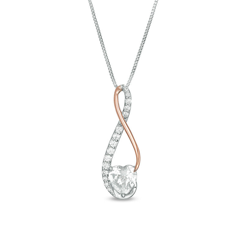 7.0mm Heart-Shaped Lab-Created White Sapphire Infinity Pendant in Sterling Silver and 10K Rose Gold