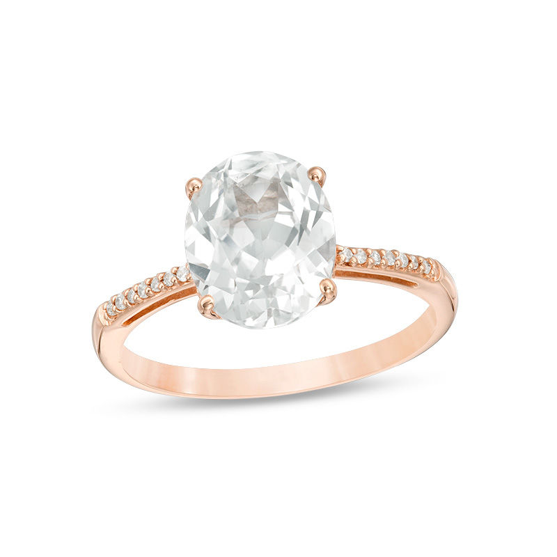 Oval Lab-Created White Sapphire and 0.04 CT. T.W. Diamond Ring in 10K Rose Gold