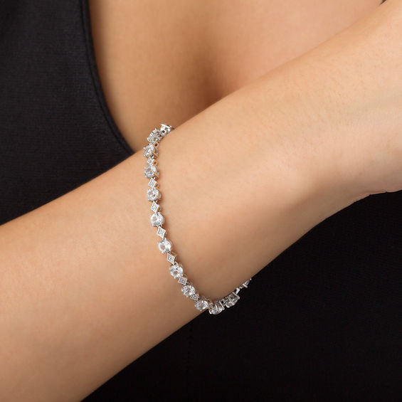 LabCreated White Sapphire Alternating Geometric Tennis Bracelet in Sterling Silver 7.5