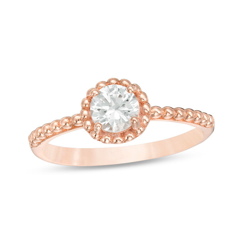 5.0mm Lab-Created White Sapphire Solitaire Beaded Frame Vintage-Style Ring in 10K Rose Gold