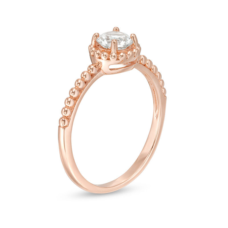 5.0mm Lab-Created White Sapphire Solitaire Beaded Frame Vintage-Style Ring in 10K Rose Gold