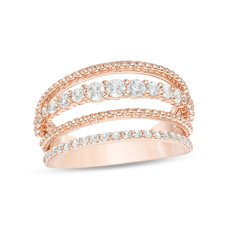 Lab-Created White Sapphire Beaded Multi-Row Vintage-Style Ring in Sterling Silver with 18K Rose Gold Plate - Size 7
