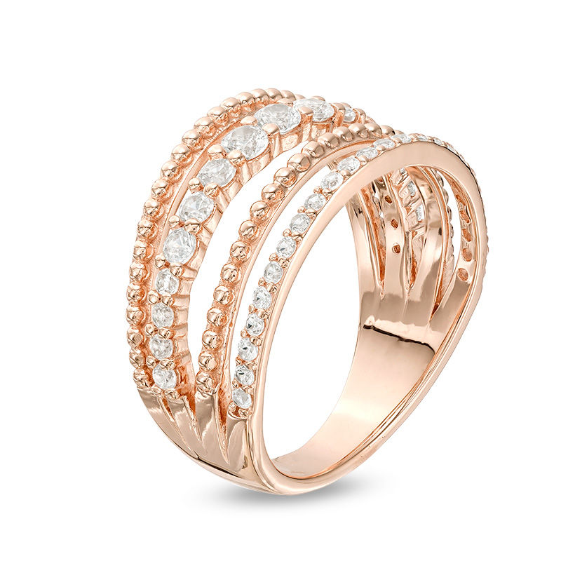 Lab-Created White Sapphire Beaded Multi-Row Vintage-Style Ring in Sterling Silver with 18K Rose Gold Plate - Size 7