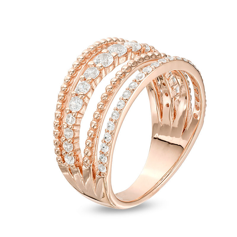 Main Image 2 of Lab-Created White Sapphire Beaded Multi-Row Vintage-Style Ring in Sterling Silver with 18K Rose Gold Plate - Size 7