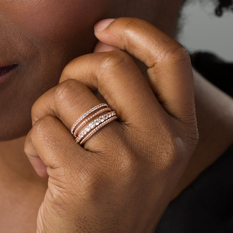 Main Image 3 of Lab-Created White Sapphire Beaded Multi-Row Vintage-Style Ring in Sterling Silver with 18K Rose Gold Plate - Size 7