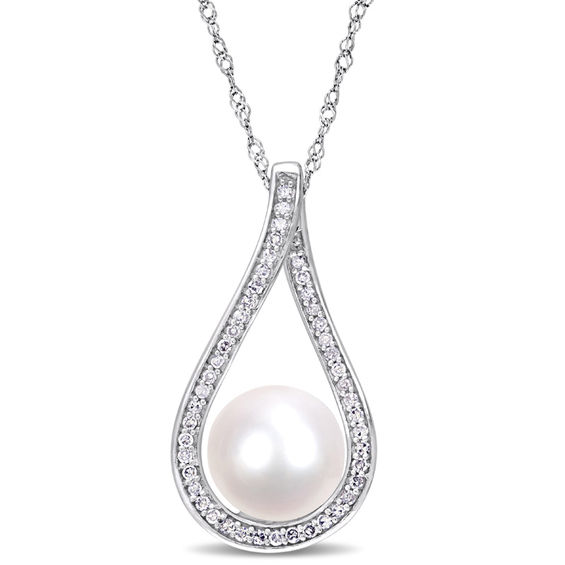 9.0-9.5mm Freshwater Cultured Pearl and 0.18 CT. T.W. Diamond Open Teardrop Frame Pendant in 14K White Gold-17"